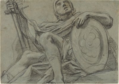 Siddende kriger holder et sværd og skjold [recto] af Giacomo Cavedone