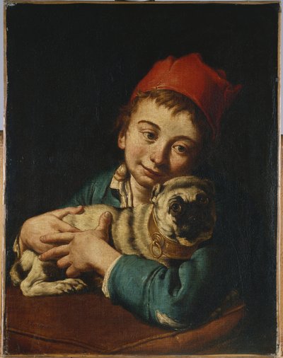 En dreng, halvlang, i en blå jakke og en rød hat, der holder en mops på en pude af Giacomo Ceruti