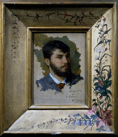 Selvportræt med malet ramme med blomstermotiv af Giacomo Favretto