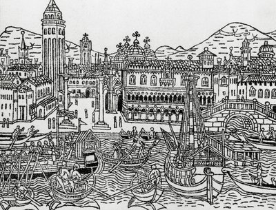 Näkymä Venetsiaan 1400-luvulla, Italia, puupiirros, Giacomo Filippo Forestin (1434-1520) Supplementum chronicarumista af Giacomo Filippo Foresti