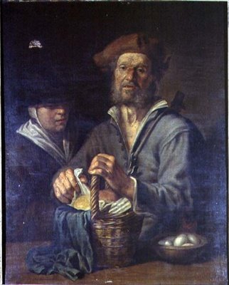 En gammel Bonde og en Tjenestepige ved et Bord af Giacomo Francesco Cipper