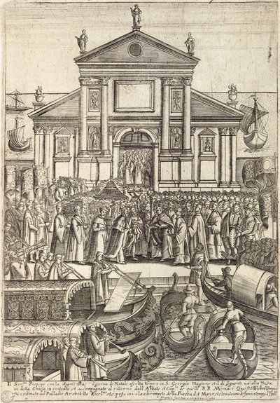 Doge ja hänen seuralaisensa kuuntelemassa vesperiä joulupäivänä San Giorgio Maggioren kirkossa Venetsiassa af Giacomo Franco