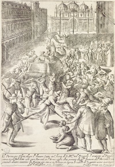 Den valgte prins på en lille scene i Arsenalet i Venedig kaster penge efter offentligheden af Giacomo Franco