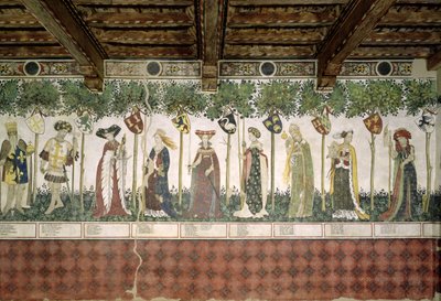 De ni værdige og de ni værdige kvinder, detalje af Charlemagne, Godfrey de Bouillon, Delphine, Iynoppe, Hippolyte, Menalyppe, Semiramis, Lampeto og Tamyris, 1418-30 af Giacomo Jaquerio