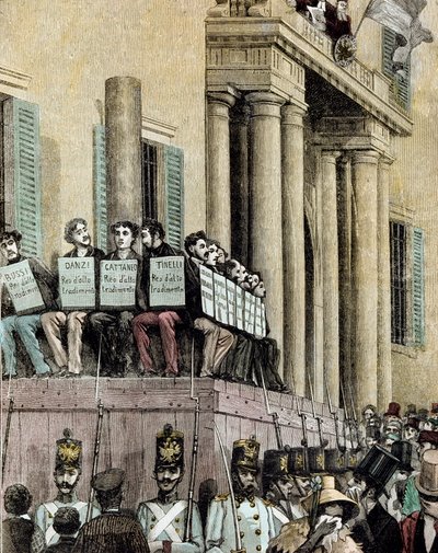 Risorgimento: "" medlemmer af Giovine Italia-bevægelsen (inklusive Carlo Cattaneo (1801-1869), Tinelli, Danzi, Bussi) sidder foran Justitspaladset i Milano og lytter til dommen, der dømte dem til eksil i 1848"" 1884 Litografi af Manteg af Giacomo Mantegazza