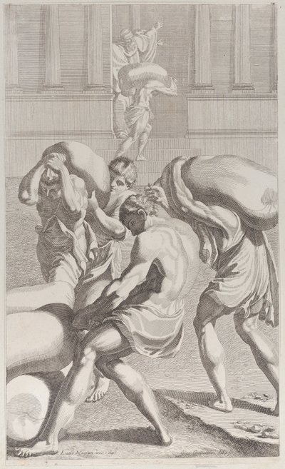 Mænd, der bringer poser med bly ind i Sankt Benedikts kloster, 1687-1717. af Giacomo Maria Giovannini