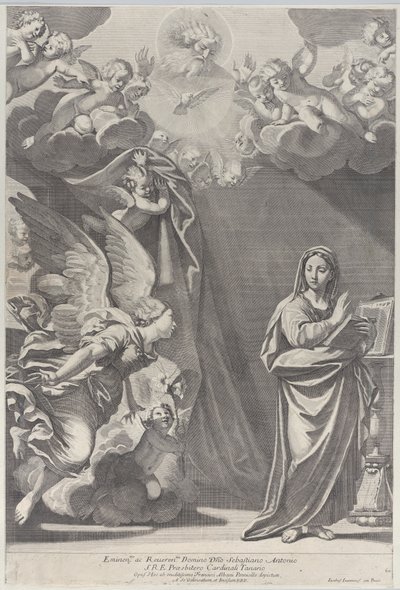 Bebudelsen, med Gabriel og andre engle til venstre og Gud Faderen ovenfor, 168..., 1687-1717. af Giacomo Maria Giovannini