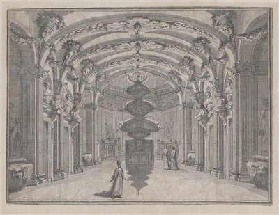 Teaterscene i en stor sal med hvælvet loft og en central skulptur, ..., ca. 1687-1717. af Giacomo Maria Giovannini