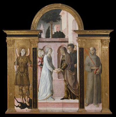 Triptykon: Besøget mellem St. Michael og St. Francis (maleri på træ) af Giacomo Pacchiarotti