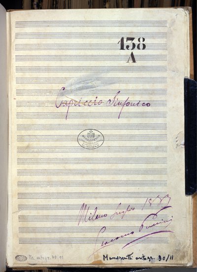 Manuskriptnoter til "" Symphonic Caprice "" "(Symphonic Caprice") af komponisten Giacomo Puccini (1858-1924) 1883. Bibliotek ved Giuseppe Verdi Conservatory, Milano af Giacomo Puccini