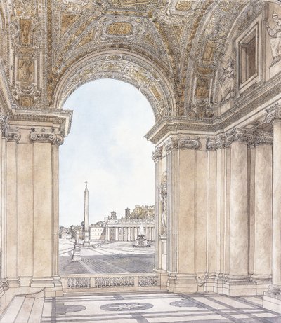 En udsigt over Piazza San Pietro, Rom, der ser sydpå fra Basilikaens portik, før 1779 af Giacomo Quarenghi