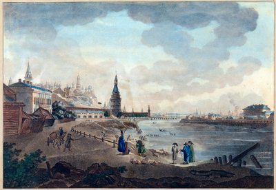 Udsigt over Moskvas Kreml taget fra Stenbroen over Moscova (Moskva eller Moskwa). Værk af Giacomo Antonio Domenico Quarenghi (1744-1817), akvarel og blæk på papir, ca. 1790. Italiensk kunst af Giacomo Quarenghi