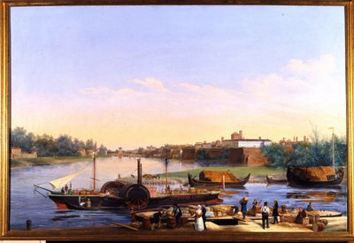 Udsigt over havnen i Pavia (Pavia) på Po og dampbåden Principessa Clementina""""" Maleri af Giacomo Trecourt (1812-1882) 1800-tallet af Giacomo Trecourt