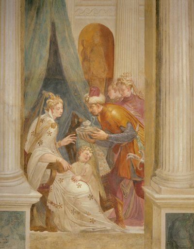 Højre væg, der forestiller Sophonisba med sit barn, der modtager den næste pot gift (fresko) af Giambattista (1526 78) Zelotti