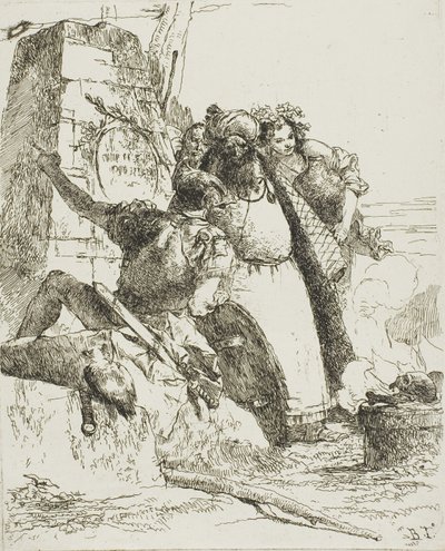En tryllekunstner, en soldat og tre figurer, der ser på en brændende kranie, fra Scherzi af Giambattista Tiepolo