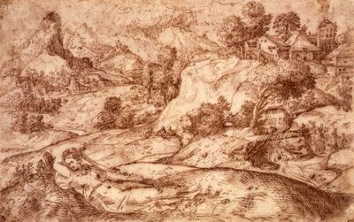 Nr.0955 Bjerglandskab med en tilbagelænet kvindefigur (pen & sepia på papir) af Gian Battista (attr. to) Angolo del Moro