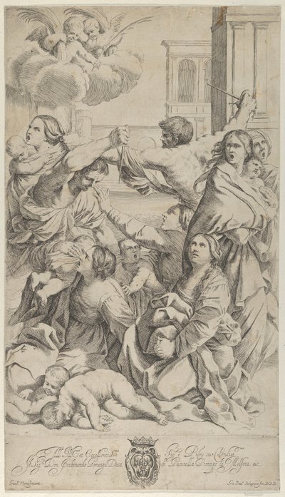 Massakre på de uskyldige, gruppe kvinder og børn, der bliver angrebet, to engle a..., ca. 1640-70. af Gian Battista Bolognini
