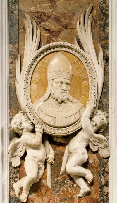 San Marco, relief af Gian Lorenzo Bernini (1598-1680), detalje af marmordekoration langs søjler i hovedgangen, Peterskirken, Rom, Vatikanstaten af Gian Lorenzo Bernini