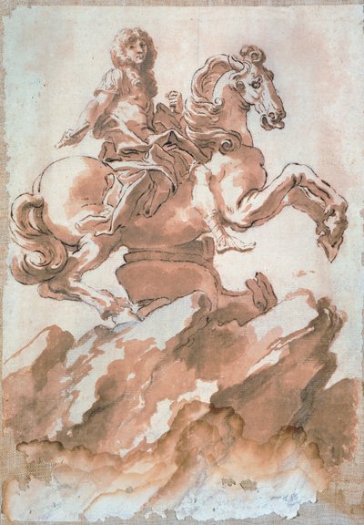 Skitse til Ludvig XIV til hest af Gian Lorenzo Bernini (1598-1680), tegning med pen og blæk af Gian Lorenzo Bernini