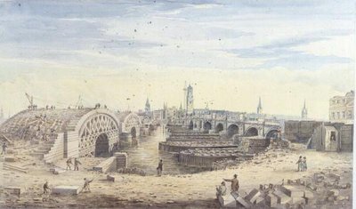 Konstruktion af den nye London Bridge ved siden af den gamle London Bridge af Gideon Yates