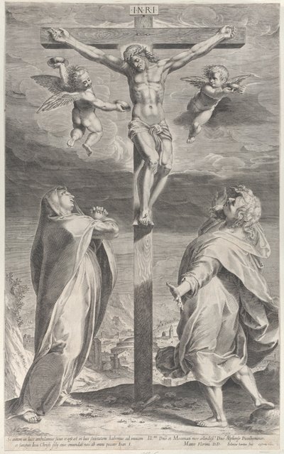 Korsfæstelse med Jomfru Maria og Sankt Johannes Evangelisten, engle over hovedet, ca. 1593., ca. 1593 af Gijsbert Van Veen