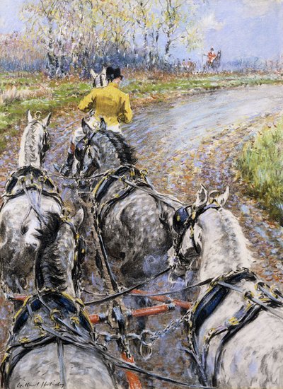 "The Kings Highway", Studie fra Box Seat af The Old Berkeley Coach; Hanehesten tager os op ad Reigate Hill, af Gilbert Holiday