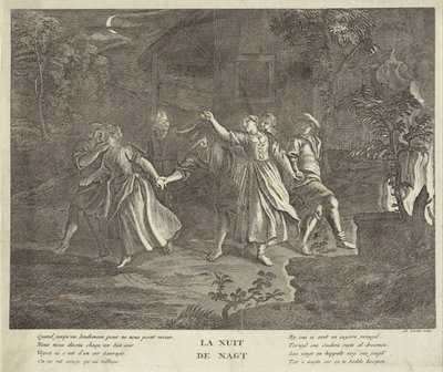 Nat: runddans af unge mænd og kvinder La nuit / Natten (titel på objekt) af Gilbert Schoute