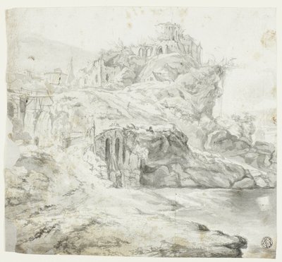 Klippefremspring med ruiner og kaskader (recto); Skitse af klippe med bygninger (verso) af Giles Edme Petit