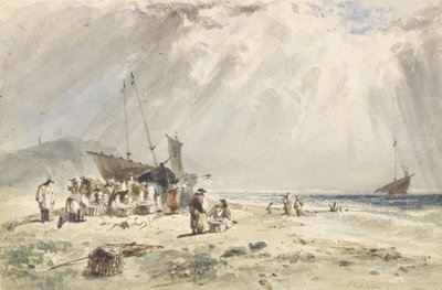 Fiskemarked på stranden (wc over grafit på papir) af Giles Firman Phillips