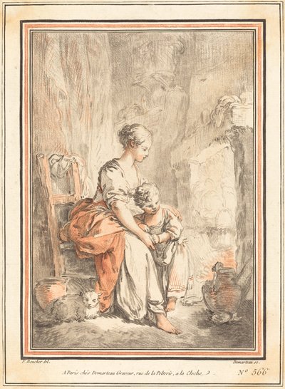 Kvinde og barn foran en pejs af Gilles Antoine Demarteau after François Boucher