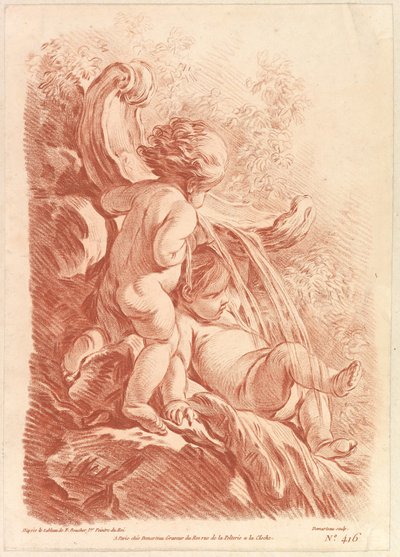 Springvand med to amoriner, ca. 1773. af Gilles Demarteau