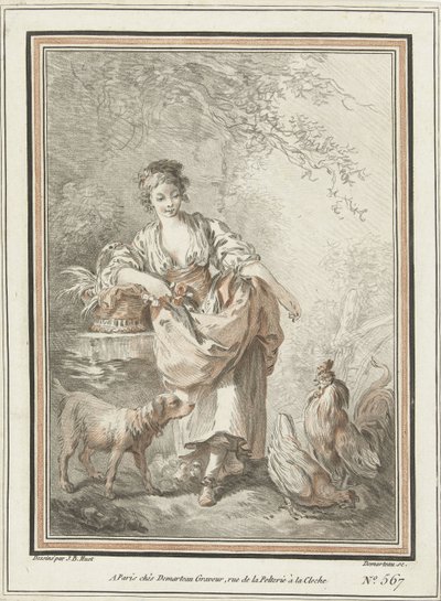 Ung kvinde med hund og hane og høne af Gilles Demarteau