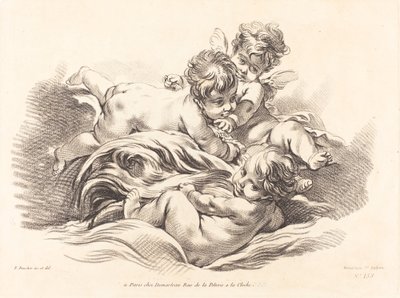 Tre keruber spiller på delfin som bølge af Gilles Demarteau, the Elder after François Boucher