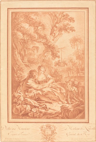 To elskende siddende ved foden af et stort træ, overrasket af to piger af Gilles Demarteau, the Elder after François Boucher