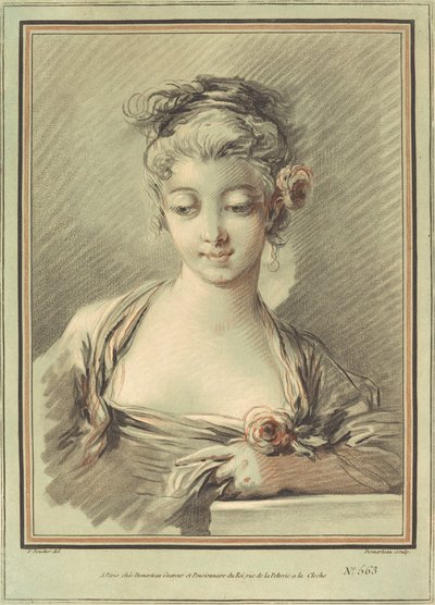 Ung kvinde med en rose af Gilles Demarteau, the Elder after François Boucher
