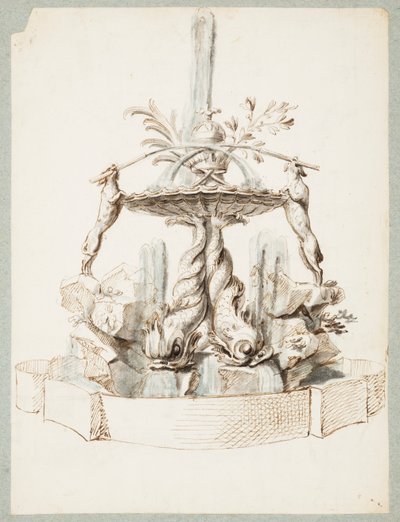 Design til et springvand understøttet af delfiner og to hunde af Gilles-Marie Oppenord