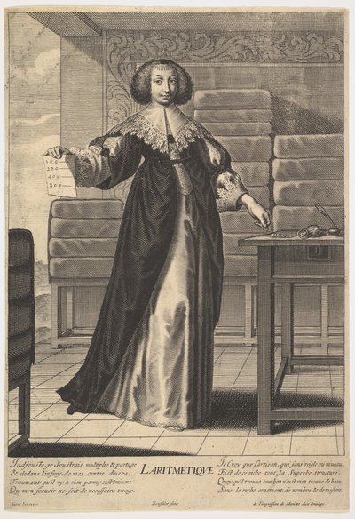 Aritmetik: en ung kvinde stående ved et bord, med et ark med indskrevne tal i..., 1633-35. af Gilles Rousselet