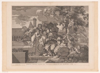 Hellig familie med putti ved æbletræ af Gilles Rousselet
