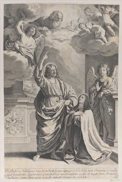 Den hellige Theresa beder sammen med Kristus, som peger opad mod Gud Faderen og ..., 1635-1700. af Gilles Rousselet