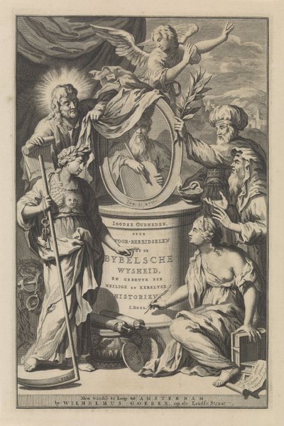Bibelske figurer afslører portrættet af Moses Titelside til Wilhelmus Goeree, Forberedelser til bibelsk visdom og brugen af ​​hellige og kirkelige historier, 1690 af Gilliam van der Gouwen