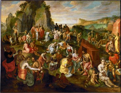 Moses henter vand fra klippen (maleri på egetræ) af Gillis Mostaert