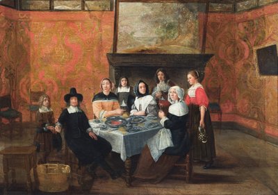 Et interiør med en familie ved et måltid (olie på lærred) af Gillis van (circle of) Tilborgh