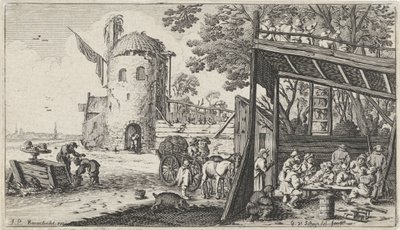 Landmænd omkring et bord i en lade (Smagen) Landskaber med de fem sanser (serietitel) af Gillis van Scheyndel (I)