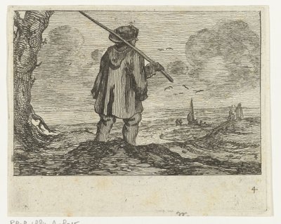 Klitlandskab med en mand, med en stav på skulderen Verscheyden Strande og vandlandskaber udført af Jan Percelles (serietitel) af Gillis van Scheyndel (I)