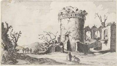 Springvand ved ruin med et rundt tårn Tolv landskaber (serietitel) af Gillis van Scheyndel (I)
