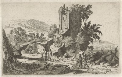 Vandrere ved en ruin Seks landskaber (serietitel) af Gillis van Scheyndel (I)