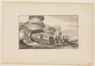 Mænd med musketter på en sti, der fører gennem en skov, fra Tolv landskaber med figurer af Gillis van Scheyndel