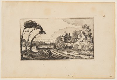 Vejen til venstre for et hus med voldgrav og mur, fra Tolv landskaber med figurer af Gillis van Scheyndel