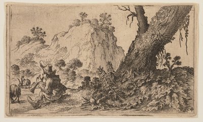 Hyrde spiller blokfløjte for en flok geder, fra Twelve Landscapes af Gillis van Scheyndel