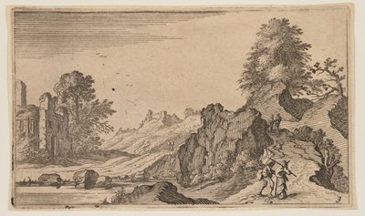 Tre fodgængere på en træbro over et vandløb, fra Twelve Landscapes af Gillis van Scheyndel
